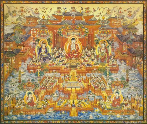 Reprezentare a Divinului Buddha Amitābha în Sukhāvatī
